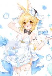  :o @_@ alternate_costume animal_ears apron arm_up balloon bare_shoulders black_bow black_bowtie blonde_hair blush bow bowtie breasts cleavage commentary_request cowboy_shot dress earrings female genshin_impact hair_between_eyes hand_up hat heart_balloon highres holding holding_tray jewelry lilyko198509 looking_at_viewer lumine_(genshin_impact) medium_breasts rabbit_ears short_hair_with_long_locks sideboob single_earring slime_(genshin_impact) solo thighhighs thighs tray white_apron white_background white_dress white_hat white_thighhighs white_wrist_cuffs wrist_cuffs yellow_eyes 