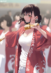  6+girls aya_(jonsun) black_hair blurry blurry_background breasts brown_eyes cleavage closed_mouth clothes_writing commentary_request japanese_clothes jonsun looking_at_viewer medium_breasts multiple_girls original shirt short_hair smile solo_focus twintails twitter_username white_shirt wide_sleeves 