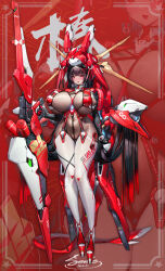  absurdly_long_hair absurdres artist_name black_gloves black_hair bodystocking boots breasts breasts_apart covered_navel covered_nipples crosscore dk.senie elbow_gloves female full_body gloves gradient_hair hair_ornament headgear heart heart_hair_ornament highres holding holding_weapon huge_breasts long_hair looking_at_viewer mecha_musume multicolored_hair red_eyes red_hair solo thigh_boots thighhighs two-tone_hair very_long_hair weapon white_footwear white_thighhighs 