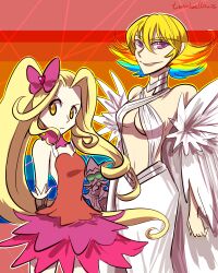  1boy 2girls aron_(kid_icarus) blonde_hair breasts chuiceturdz cosplay crossover harime_nui harime_nui_(cosplay) kid_icarus kid_icarus_uprising kill_la_kill kiryuuin_ragyou kiryuuin_ragyou_(cosplay) looking_at_viewer multiple_girls phosphora purple_eyes sleeveless sleeveless_turtleneck turtleneck viridi yellow_eyes 