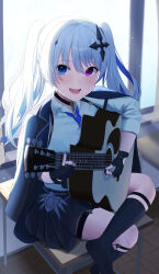  absurdres black_choker black_jacket black_skirt black_socks blue_eyes blue_necktie choker cross-shaped_pupils crossed_legs desk female guitar hair_ornament heterochromia highres holding holding_guitar holding_instrument holding_plectrum instrument jacket jacket_on_shoulders necktie neo-porte nmek4544 on_desk open_mouth pleated_skirt plectrum purple_eyes school_uniform shirt sitting skirt smile socks solo symbol-shaped_pupils tentei_forte thigh_strap twintails virtual_youtuber white_hair white_shirt 