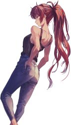  absurdres ass back bare_shoulders black_tank_top breasts casual denim female from_behind hands_in_pockets heel_up high_ponytail highres jeans long_hair looking_at_viewer looking_back original pants ponytail profile rasetsu001 red_eyes red_hair shirt sideboob simple_background sleeveless solo tank_top very_long_hair white_background 