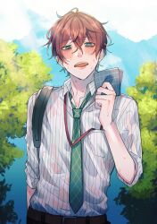  1boy :o aqua_eyes bag bags_under_eyes belt black_pants blue_sky blush cloud collared_shirt green_necktie hair_between_eyes handkerchief holding holding_handkerchief hot hypnosis_mic kannonzaka_doppo lanyard looking_at_viewer looking_down loose_necktie male_focus multicolored_hair necktie open_mouth outdoors pants raised_eyebrows red_hair salaryman see-through see-through_shirt shirt shirt_tucked_in short_hair shoulder_bag sky solo striped_clothes striped_shirt sweat sweaty_clothes two-tone_hair vertical-striped_clothes vertical-striped_shirt very_sweaty wata_i wavy_hair white_shirt 