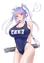  ? alternate_breast_size blue_hair blush breasts collarbone cowboy_shot female flower-shaped_pupils hair_ribbon highres holding holding_torpedo huge_breasts i-19_(kancolle) kantai_collection large_breasts long_hair looking_at_viewer name_tag one-piece_swimsuit red_eyes ribbon school_swimsuit shushan smile solo swimsuit symbol-shaped_pupils torpedo tri_tails white_background 