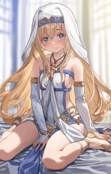  bare_legs bare_shoulders blue_eyes blush breasts bridal_gauntlets closed_mouth clothing_cutout commentary commentary_request commission cosplay cross cross_necklace dress female gem goblin_slayer! indoors jewelry long_hair necklace pixiv_commission priestess_(goblin_slayer!) red_gemstone sandals side_cutout sideboob sitting small_breasts smile solo sword_maiden sword_maiden_(cosplay) wariza white_dress white_veil yahako 