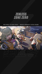  4girls :d absurdres black_gloves blonde_hair breasts burnice_white caesar_king_(zenless_zone_zero) chair cleavage gloves grey_hair hair_bun hair_intakes helmet highres holding large_breasts luciana_de_montefio multiple_girls official_art open_mouth orange_eyes piper_wheel side_ponytail smile standing sunglasses table zenless_zone_zero 