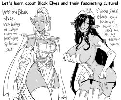  2girls absurdres bb_(baalbuddy) cape comparison dark-skinned_female dark_elf dark_skin ear_piercing elbow_gloves elf english_text gloves greyscale highres holding holding_sword holding_weapon kuroinu_~kedakaki_seijo_wa_hakudaku_ni_somaru~ long_hair looking_at_viewer looking_to_the_side monochrome multiple_girls olga_discordia original pelvic_curtain piercing pointing pointy_ears sword thighhighs weapon 