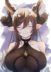  absurdres animal_ears bare_shoulders bikini black_bikini blue_background blue_hair breasts brown_hair cleavage closed_eyes earrings extra_ears female floating_earring galleon_(granblue_fantasy) galleon_(summer)_(granblue_fantasy) granblue_fantasy hair_between_eyes hair_ornament highres horns jewelry koyochi_(koyochi0716) long_hair multicolored_hair official_alternate_costume pointy_ears see-through see-through_cleavage smile solo streaked_hair swimsuit two-tone_background upper_body white_background 