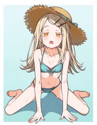  :o arm_support bare_legs barefoot bikini blush collarbone colored_eyelashes commentary_request earrings female flipped_hair front-tie_bikini_top front-tie_top gakuen_idolmaster halterneck hat highres idolmaster jewelry kirara_mune kneeling light_brown_hair long_hair looking_at_viewer navel oerba_yun_fang orange_eyes ribs shinosawa_hiro skin_fang skinny solo stomach straw_hat string_bikini stud_earrings sweat swimsuit toes very_long_hair 