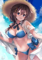  absurdres bikini blue_bikini blue_eyes blue_sky braid breasts brown_hair cleavage commentary_request female front-tie_bikini_top front-tie_top hair_between_eyes hair_flaps hair_over_shoulder hat highres kantai_collection large_breasts long_hair mashiro_yukiya navel official_alternate_costume open_clothes open_mouth open_shirt outdoors shigure_(kancolle) shigure_kai_san_(kancolle) shigure_kai_san_(swimsuit)_(kancolle) shirt single_braid sky smile solo straw_hat swimsuit wet wet_clothes wet_shirt white_shirt 