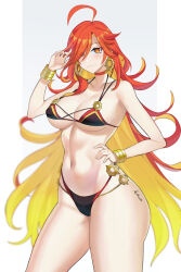  ahoge aori_sora bare_shoulders bikini black_bikini blonde_hair bracelet breasts choker colored_inner_hair cowboy_shot female genshin_impact hand_up highres jewelry large_breasts long_hair looking_at_viewer mavuika_(genshin_impact) multicolored_hair navel orange_hair red_choker solo standing stomach swimsuit thighs very_long_hair 