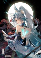  :d animal_ear_fluff animal_ears aqua_eyes back_tattoo backless_outfit bandaged_arm bandages bare_back bare_shoulders belt black_gloves earrings elicooc feixiao_(honkai:_star_rail) female fox_ears gloves grey_hair highres honkai:_star_rail honkai_(series) jewelry long_hair looking_at_viewer open_mouth smile solo tattoo very_long_hair white_belt 