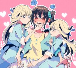  3girls ? ?? @_@ arm_hug black_hair blonde_hair blue_eyes blush clone collarbone commentary girl_sandwich hair_ribbon hand_on_another&#039;s_face heart itomugi-kun jacket long_hair looking_at_another multiple_girls nekoyashiki_mayu nekoyashiki_yuki pink_background precure red_eyes ribbon sandwiched scrunchie side_ponytail simple_background spoken_question_mark wonderful_precure! yuri 