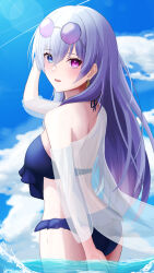  absurdres arm_behind_head bikini black_bikini blue_eyes breasts cloud earrings eyewear_on_head female gradient_hair grey_hair hair_between_eyes heterochromia highres jewelry looking_at_viewer multicolored_hair neo-porte nmek4544 purple_eyes purple_hair round_eyewear see-through sky solo sunglasses swimsuit symbol-shaped_pupils tentei_forte virtual_youtuber wading water wet 