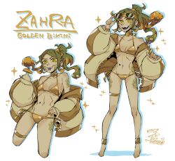  25_kimera bare_shoulders barefoot bikini breasts character_name cleavage coat colored_sclera colored_skin commentary dated english_commentary english_text fangs female forked_tongue gold_bikini green_eyes green_hair green_skin highres long_hair multiple_views navel open_clothes open_coat open_mouth original shadow signature simple_background small_breasts smile snake_hair swimsuit teeth tongue upper_teeth_only white_background yellow_sclera zahra_(25_kimera) 