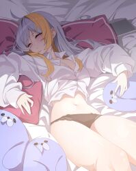  absurdres ahoge black_panties blonde_hair breasts buttons cleavage closed_eyes collared_shirt commission dress_shirt female highres indie_virtual_youtuber ipad kiro_(kirotayu) large_breasts long_sleeves lying multicolored_hair navel never_bite no_pants on_back panties parted_lips pillow shirt sleeping solo stomach stuffed_animal stuffed_toy tablet_pc thighs two-tone_hair underwear virtual_youtuber white_hair white_shirt 