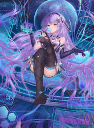  absurdres anklet bare_shoulders black_garter_belt black_thighhighs blowing_bubbles breasts cyberspace dress elbow_gloves feet female garter_belt gloves hairband headgear highres hologram holographic_interface holographic_keyboard holographic_monitor jewelry leg_up long_hair looking_ahead multicolored_clothes no_shoes original play_button purple_dress purple_eyes purple_gloves purple_hair purple_hairband small_breasts soles solo thighhighs torn_clothes torn_thighhighs typing very_long_hair wristband yizhibao 