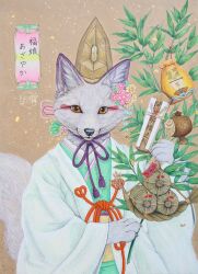  absurd_res anthro asian_clothing asian_mythology canid canine clothed clothing east_asian_clothing east_asian_mythology female fox fur hi_res japanese_clothing japanese_mythology japanese_text kaho_nishikawa kimono mammal mythology orange_eyes red_fox simple_background solo text traditional_media_(artwork) true_fox white_body white_fur 