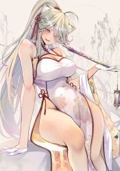  alternate_costume animal_ear_fluff animal_ears arm_support asymmetrical_bangs bare_shoulders breasts china_dress chinese_clothes chinese_hairpin cleavage_cutout clothing_cutout cowboy_shot dress female floral_print gloves grey_eyes grey_hair half_gloves highres holding holding_lantern hololive lantern large_breasts long_hair looking_at_viewer oerba_yun_fang omoti_(1201208) one_eye_covered open_mouth pelvic_curtain ponytail shishiro_botan side_slit sitting skin_fang sleeveless sleeveless_dress solo thighs very_long_hair white_background white_dress white_gloves 