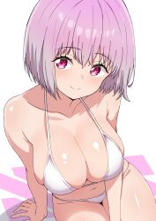  arm_support bikini breasts closed_mouth collarbone female gridman_universe highres kamidan large_breasts navel pink_eyes pink_hair shinjou_akane short_hair simple_background sitting smile solo ssss.gridman swimsuit thighs white_background white_bikini 