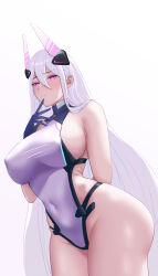  absurdres arm_behind_back azur_lane blue_gloves blue_pupils breasts chinese_commentary covered_navel covered_nipples cowboy_shot female gloves hair_between_eyes headgear highres kearsarge_(azur_lane) large_breasts long_hair orchery purple_eyes sideboob simple_background solo very_long_hair white_background white_hair 