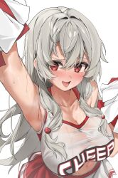  absurdres arm_up armpits bare_shoulders blush breasts cheerleader cleavage collarbone commission crop_top female from_above grey_hair hair_between_eyes highres holding holding_pom_poms kiro_(kirotayu) large_breasts long_hair looking_at_viewer midriff miniskirt navel oerba_yun_fang open_mouth original pom_pom_(cheerleading) raised_eyebrow red_eyes shirt simple_background skirt sleeveless sleeveless_shirt smile solo sweat taut_clothes taut_shirt very_long_hair wet wet_clothes wet_shirt white_background white_shirt 