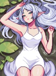  arm_up armpits aseprite_(medium) blush collarbone cowboy_shot dress elf female frieren green_eyes highres long_hair looking_at_viewer parted_lips pixel_art pointy_ears sleeveless sleeveless_dress solo sousou_no_frieren water white_dress white_hair yumykon 