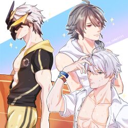  abs ahoge blue_eyes bracelet cho_(sg_suko1111) closed_mouth commentary commentary_request diving_suit grey_hair highres honkai_(series) honkai_impact_3rd jewelry kalpas_(honkai_impact) kevin_kaslana male_focus mask mask_on_head open_clothes open_shirt red_eyes shirt short_hair su_(honkai_impact) toned toned_male twitter_username two-tone_background white_hair white_shirt 