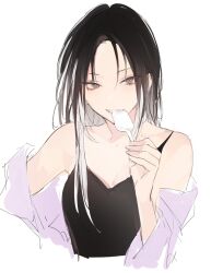  black_camisole black_hair brown_eyes camisole cropped_torso female food holding holding_food ice_cream jacket long_hair lpip off_shoulder open_clothes open_jacket original parted_bangs pink_jacket simple_background solo upper_body white_background 