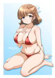  asahi_(kancolle) bikini blue_background braid breasts brown_hair cleavage dated female full_body gradient_background grey_eyes hand_on_own_chest kantai_collection large_breasts looking_at_viewer masara_(chuujou) mole mole_under_mouth one-hour_drawing_challenge red_bikini short_hair single_braid sitting solo swimsuit twitter_username wariza 