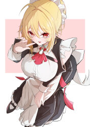  absurdres ahoge angelica_rafa_redgrave apron ascot black_dress black_footwear blonde_hair breasts brooch chest_strap commission dress female hair_between_eyes hamao_1 highres jewelry large_breasts long_sleeves maid maid_headdress open_mouth otome_gee_sekai_wa_mob_ni_kibishii_sekai_desu pixiv_commission red_ascot red_eyes smile solo white_apron 