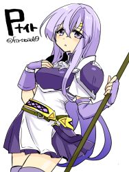  alternate_costume armor belt circlet female fingerless_gloves fire_emblem fire_emblem:_genealogy_of_the_holy_war gloves hand_on_own_chest holding julia_(fire_emblem) long_hair looking_at_viewer open_mouth purple_hair shoulder_armor simple_background skirt solo thighhighs thighs yukia_(firstaid0) 