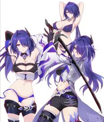  acheron_(honkai:_star_rail) bikini black_bra black_gloves black_shorts boots bra breasts coat commentary_request female gloves hair_over_one_eye highres holding holding_sword holding_weapon honkai:_star_rail honkai_(series) large_breasts leg_tattoo long_hair midriff navel open_clothes open_coat panties pubic_tattoo purple_bikini purple_eyes purple_hair purple_panties saint_laurent_paris short_shorts shorts simple_background swimsuit sword tattoo thigh_boots underwear weapon white_background white_coat 