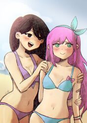  2girls :d aqua_hairband arm_at_side arm_behind_back aubrey_(faraway)_(omori) aubrey_(omori) bad_id bad_tumblr_id bandaid bandaid_on_arm beach bikini black_eyes black_hair blue_bikini blue_sky blush bow bow_bikini bow_hairband bracelet breasts bright_pupils closed_mouth cloud collarbone cowboy_shot day fingernails green_eyes hair_behind_ear hair_between_eyes hairband hand_on_own_arm hands_on_another&#039;s_shoulders jewelry kokomi_(aniesuakkaman) long_hair looking_at_another looking_to_the_side mari_(faraway)_(omori) mari_(omori) multiple_girls navel omocat_(style) omori open_mouth outdoors pink_bow pink_hair purple_bikini sky small_breasts smile straight_hair swimsuit teeth tongue upper_teeth_only white_pupils 