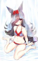  animal_ears bikini blush breasts cleavage closed_mouth collarbone commentary_request curtains female full_body hair_ornament hair_over_one_eye horse_ears horse_girl long_hair rice_shower_(umamusume) small_breasts solo swimsuit umamusume usapenpen2019 