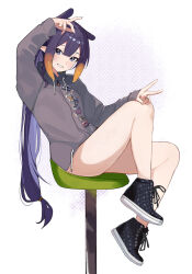  arm_up black_footwear blue_eyes blue_hair commentary cross-laced_footwear female gradient_hair grey_jacket highres hololive hololive_english jacket jewelry ku_roiko long_hair long_sleeves looking_at_viewer multicolored_hair ninomae_ina&#039;nis ninomae_ina&#039;nis_(loungewear) official_alternate_costume on_chair orange_hair ring simple_background smile solo tentacle_hair thighs v virtual_youtuber wedding_ring 