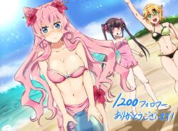  3girls akatsuki_kirika ball bare_shoulders beach beachball bikini black_hair blonde_hair blue_eyes blush breasts cleavage foshymooo green_eyes hair_between_eyes hair_ornament huge_breasts large_breasts long_hair looking_at_viewer maria_cadenzavna_eve medium_breasts multiple_girls navel pink_eyes pink_hair senki_zesshou_symphogear short_hair small_breasts swimsuit tsukuyomi_shirabe twintails very_long_hair 