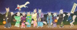  absurd_res anthro asian_clothing asian_mythology canid canine clothing east_asian_clothing east_asian_mythology female feral fox fur group hi_res japanese_clothing japanese_mythology kaho_nishikawa kimono male mammal mythology night outside red_fox traditional_media_(artwork) true_fox white_body white_fur 