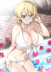  bikini blonde_hair blue_eyes braid breasts collarbone darjeeling_(girls_und_panzer) female flower front-tie_bikini_top front-tie_top girls_und_panzer highres large_breasts looking_at_viewer nakahira_guy pool red_flower short_hair side-tie_bikini_bottom sitting smile solo swimsuit wet white_background 