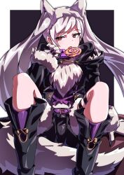  absurdres animal_ears animal_hands black_coat black_footwear black_shorts boots candy coat fake_animal_ears female fire_emblem fire_emblem_awakening fire_emblem_heroes food fox_ears gloves grima_(fire_emblem) highres holding holding_candy holding_food holding_lollipop licking lollipop long_hair long_sleeves looking_at_viewer open_clothes open_coat open_mouth paw_gloves red_eyes robin_(female)_(fire_emblem) robin_(female)_(halloween)_(fire_emblem) robin_(fire_emblem) shorts solo swirl_lollipop to_(tototo_tk) tongue tongue_out twintails white_hair 