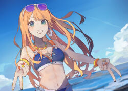  beach bead_necklace beads bikini blue_bikini blue_sky blush bracelet breasts cleavage cloud commentary_request contrail cross-laced_bikini cross-laced_clothes double_gyaru_v earrings eyewear_on_head female floating_hair gakuen_idolmaster grin gyaru_v hz_paris idolmaster jewelry kimi_to_semi_blue_(idolmaster) long_hair looking_at_viewer medium_breasts mole mole_under_eye navel necklace orange_hair outdoors shiun_sumika sky smile solo swimsuit tinted_eyewear v very_long_hair 