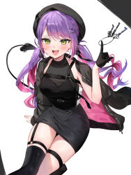  absurdres alternate_costume alternate_hairstyle arm_support black_coat black_dress black_gloves coat coat_partially_removed colored_inner_hair commentary_request dress female gloves green_eyes highres hololive index_finger_raised key long_hair looking_at_viewer low_twintails multicolored_hair open_mouth pink_hair purple_hair runlan_0329 short_dress simple_background single_glove sitting smile solo tokoyami_towa twintails virtual_youtuber white_background 