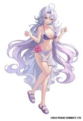  ahoge bikini breasts collarbone copyright_notice female flower full_body green_eyes greenapple grey_hair hashtag-only_commentary highres long_hair navel open_mouth phase_connect pink_flower purple_bikini purple_footwear sarong shisui_michiru_(phase_connect) solo swimsuit teeth upper_teeth_only virtual_youtuber white_sarong 