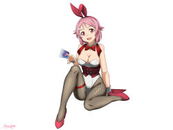  :d absurdres alternate_costume animal_ears bare_shoulders bow bow_choker breasts card choker cleavage fake_animal_ears female fishnet_pantyhose fishnets freckles hair_ornament hairclip high_heels highres holding holding_card large_breasts leotard lisbeth_(sao) looking_at_viewer mysteryctu open_mouth pantyhose pink_hair playboy_bunny rabbit_ears red_bow red_eyes short_hair smile solo strapless strapless_leotard sword_art_online teeth upper_teeth_only white_background wrist_cuffs 