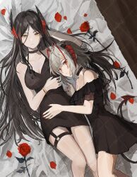  2girls arknights bangle bare_shoulders black_choker black_dress black_hair black_nails bracelet breasts brown_eyes choker cleavage dress feet_out_of_frame flower grey_hair highres horns ines_(arknights) jewelry kobarisusuz large_breasts lying medium_breasts multiple_girls nail_polish off-shoulder_dress off_shoulder on_back on_side parted_bangs petals red_flower red_nails red_rose rose rose_petals sample_watermark sleeveless sleeveless_dress tail w_(arknights) watermark 