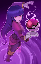  artist_name back black_hair black_lips blunt_bangs bodystocking bodysuit boots breasts calvin_sims commentary english_commentary female from_above gloves highres long_hair pantyhose parted_lips pokemon pokemon_frlg psychic purple_background red_eyes sabrina_(pokemon) solo white_gloves 