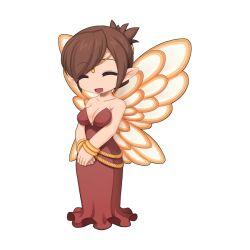  artifact_researcher bangle bracelet breasts brown_dress brown_hair chibi chibi_only cleavage closed_eyes diadem dress fairy_wings female full_body jewelry medium_breasts official_art open_mouth pointy_ears ragnarok_online short_hair simple_background smile solo standing strapless strapless_dress transparent_background white_wings wings yuichirou 