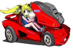  :o arcade_cabinet black_ribbon blonde_hair blue_one-piece_swimsuit commentary_request company_logo company_name fate_testarossa female full_body hair_ribbon logo long_hair looking_at_viewer lyrical_nanoha mahou_shoujo_lyrical_nanoha name_connection oekaki one-piece_swimsuit out_run parted_lips partial_commentary playing_games red_eyes ribbon school_swimsuit sega shoes simple_background sitting sneakers solo steering_wheel swimsuit t2 twintails wheel white_background white_footwear 