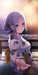  absurdres aerial_fireworks back_bow bag blue_eyes blurry blurry_background bow breasts earrings female fireworks floral_print hair_ornament heterochromia highres holding holding_bag japanese_clothes jewelry kimono leaf_print neo-porte nmek4544 obi purple_eyes reaching reaching_towards_viewer sash smile solo symbol-shaped_pupils tentei_forte virtual_youtuber white_kimono yellow_bow 