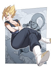  1boy absurdres commentary_request dougi dragon_ball dragon_ball_z earrings female flying fuka_(kirrier) genderswap_(mtf) gloves highres jewelry majin_buu potara_earrings rule_63 spiked_hair super_buu super_saiyan super_saiyan_1 vegetto white_footwear white_gloves 